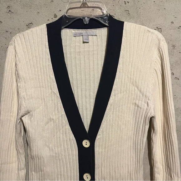 Old Navy Size L Beige Navy Grandpa Sweater V Neck Long Cardigan Ribbed Stretch - Picture 2 of 8